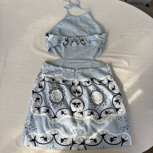 Mango Embroidered Halter Linen Blend Cutout Mini Dress Blue 6 - Picture 6 of 11